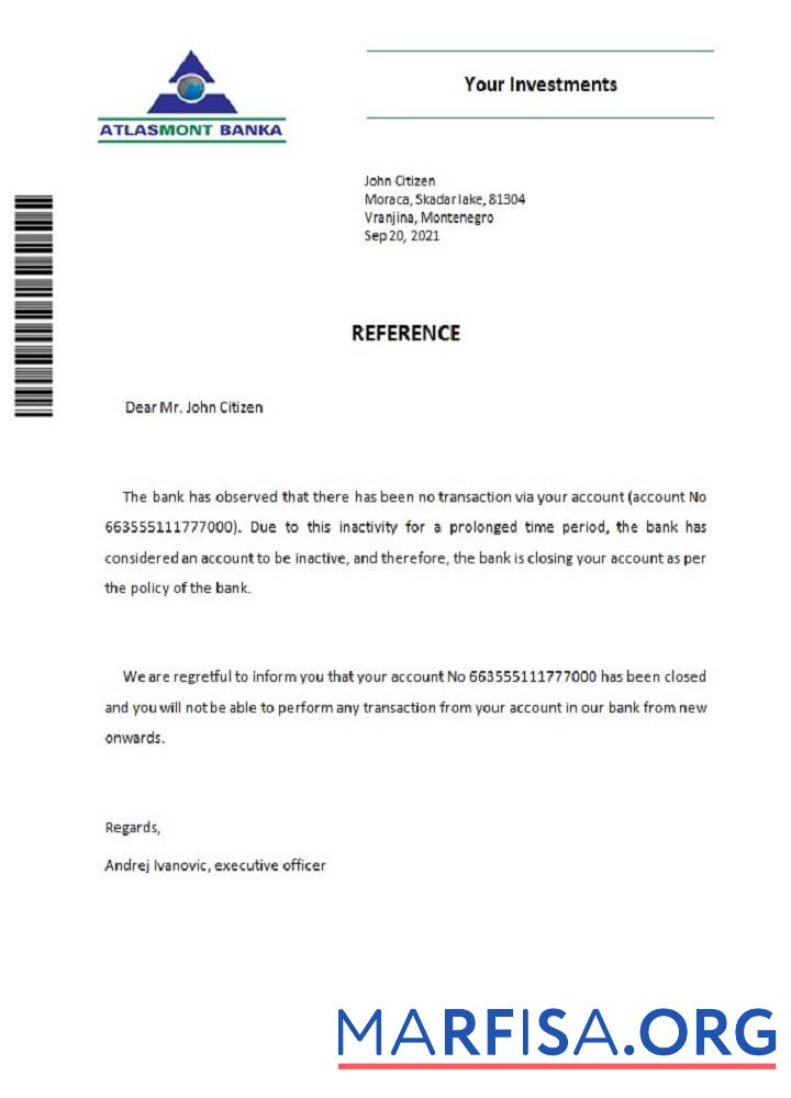 Blank Montenegro Atlasmont bank closure reference real example